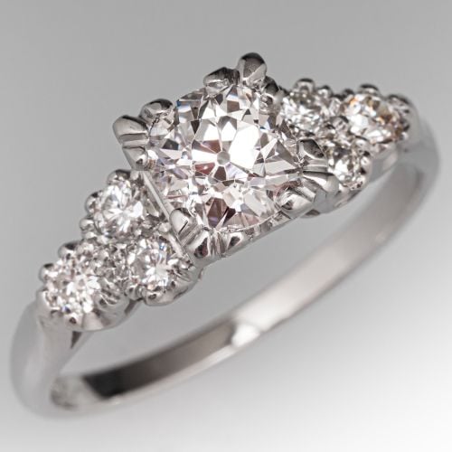 Vintage Old Mine Diamond Engagement Ring Platinum .96 Carat H/SI1
