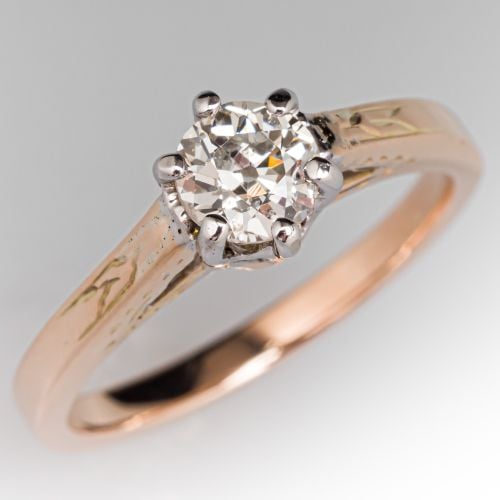 Six Prong Old Euro Diamond Solitaire Engagement Ring w/ Details .55Ct J/SI2