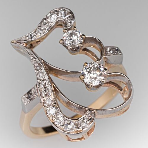 Antique Open Diamond Ring Platinum Topped 14K Yellow Gold