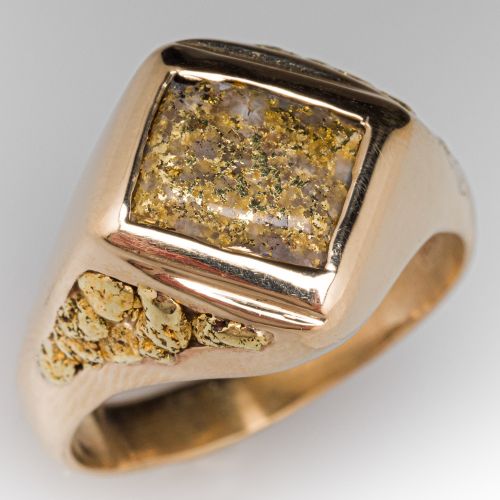 Mens Gold In Quartz & Gold Nugget Ring 14K Yellow Gold