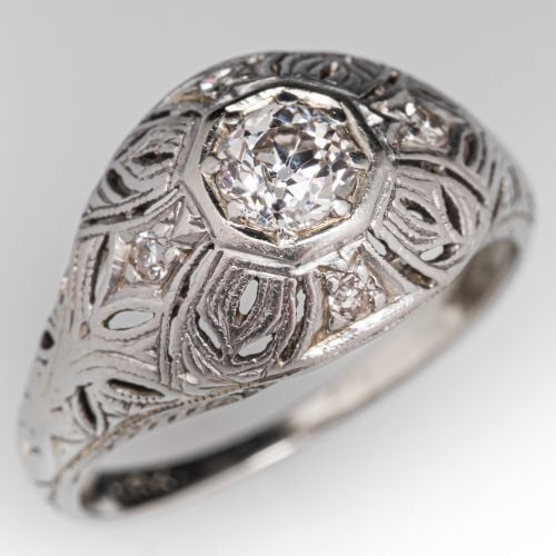 Art Deco Domed Diamond Engagement Ring 18K White Gold .37 Carat H/I1