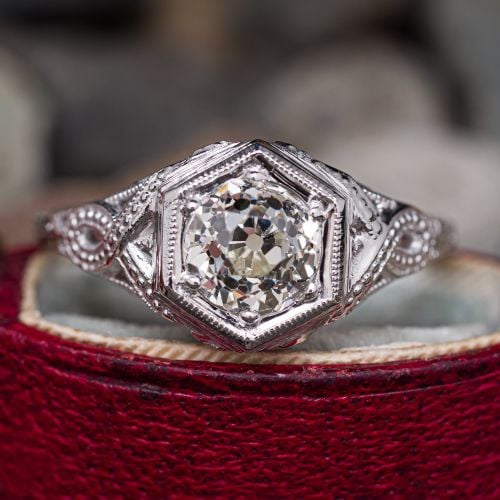 Detailed Old Euro Diamond Engagement Ring 18K White Gold 1.03Ct J/VS2
