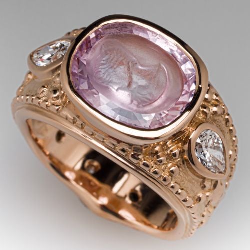 Pink Sapphire Intaglio Ring w/ Diamonds 18K Yellow Gold, Size 6.5