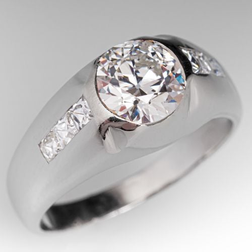 Semi Bezel Set Old Euro Diamond Engagement Ring Platinum 1.38Ct G/I1