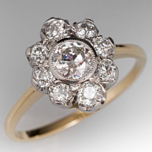 Old Euro Diamond Halo Ring Platinum & 18K Yellow Gold .43Ct H/I1