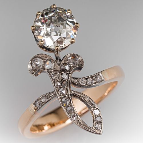Victorian Diamond Flower Ring 14K Yellow Gold & Sterling Silver