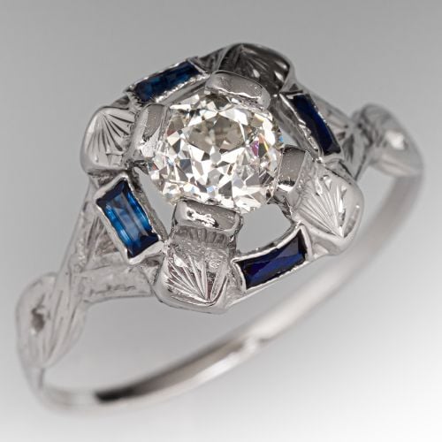 1930s Art Deco 1 Carat Old Mine Cut Diamond Engagement Ring w/ Blue Accents