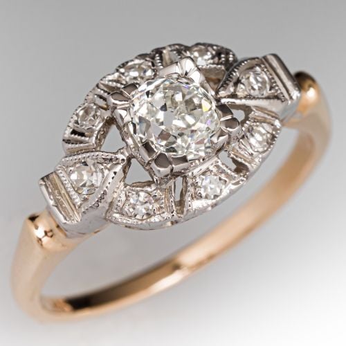 Old Mine Cut Diamond Engagement Ring 14K/18K Two Tone Gold .49Ct H/SI1