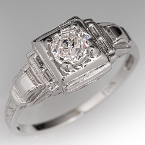 1930s Old Mine Diamond Engagement Ring 18K White Gold .50Ct H/SI2
