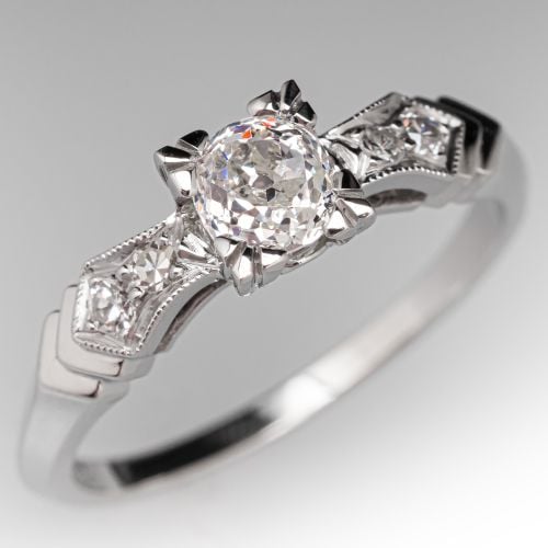 Circa 1930s Old Mine Diamond Engagement Ring Platinum .40Ct J/SI1
