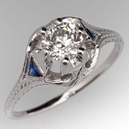 Art Deco Old European Diamond Engagement Ring w/ Lab Sapphires 18K White Gold .84Ct J/VS2 GIA