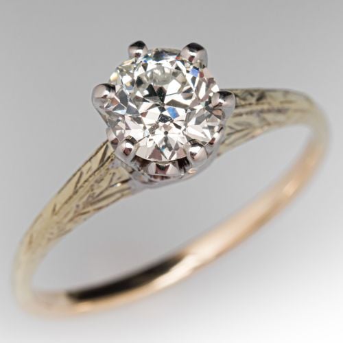 Old European Solitaire Engagement Ring 14K Two Tone Gold .78Ct L/VS2 GIA