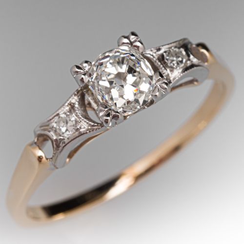 Vintage Old Mine Diamond Engagement Ring 14K Two Tone Gold .54Ct H/SI1