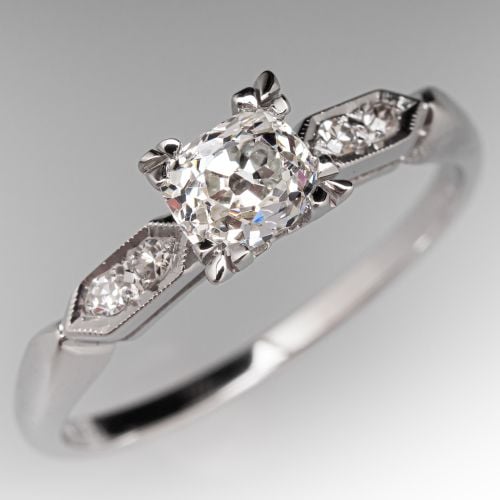 Old Mine Cut Diamond Engagement Ring 18K White Gold .60Ct I/VS2