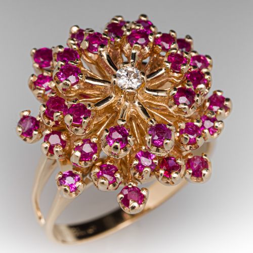 Ruby Cluster Ring w/ Diamond Center 14K Yellow Gold