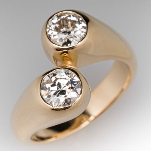 Vintage Old Euro Diamond Bypass Ring 14K Yellow Gold