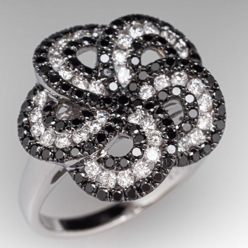 Black & White Diamond Flower Ring in 14K White Gold