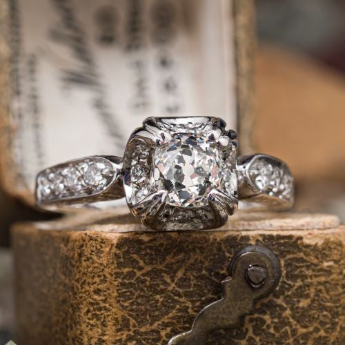 Old Mine Diamond Engagement Ring 18K White Gold .89Ct J/SI2 GIA