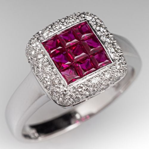 Invisible Set Ruby Ring w/ Diamonds 18K White Gold Size 6.75