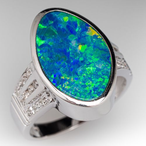 Black Opal & Diamond Ring 14K White Gold 