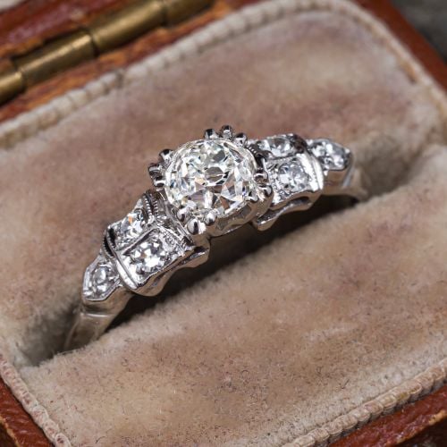 Vintage Old Mine Diamond Engagement Ring Platinum .48Ct I/SI2