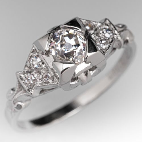 Art Deco Old Mine Cut Diamond Engagement Ring Platinum .40Ct I/VS1