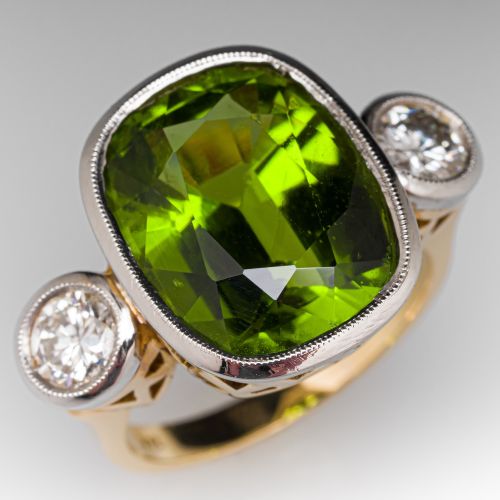 Peridot Cocktail Ring w/ Diamond Accents in 14K Yellow Gold & Platinum