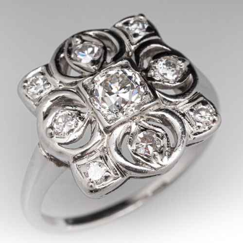 Low Profile Vintage Old Euro Diamond Ring Platinum