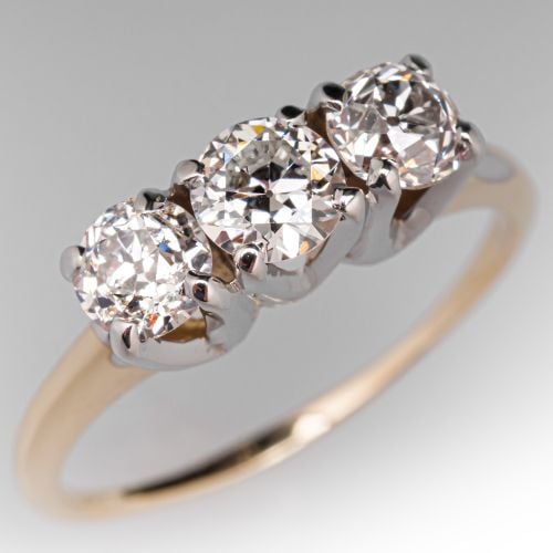 Vintage Old Euro Diamond Three Stone Engagement Ring Two Tone .34Ct I/SI1