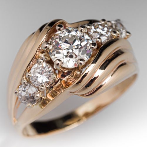 Old Euro Diamond Five Stone Engagement Ring 14K Yellow Gold .83Ct J/SI2