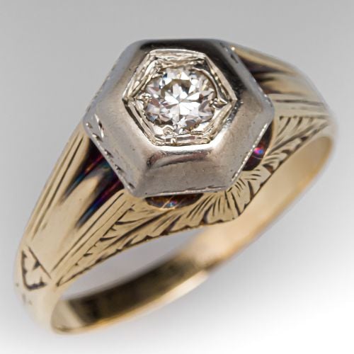 Men's Art Deco 1930s Diamond Ring 14K Two Tone Gold