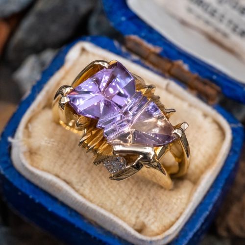 Custom Cut Ametrine Ring w/ Baguette Diamonds 14K Yellow Gold