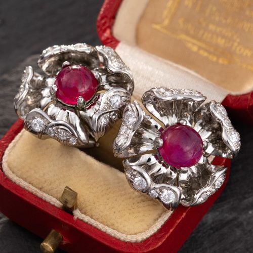 Burmese Ruby Flower Earrings Platinum AGL Certified