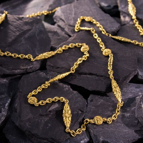 French Long Navette Link Station Necklace 60 Inch 18K Yellow Gold