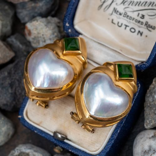 Heart Shaped Mabe Pearl & Tourmaline Earrings 18K Yellow Gold