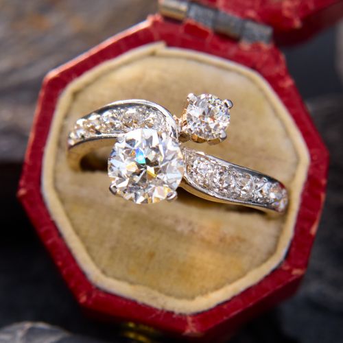 Circa 1910s Old Euro Diamond Bypass Ring 18K Yellow Gold/ Platinum 1.01Ct F/SI1 GIA