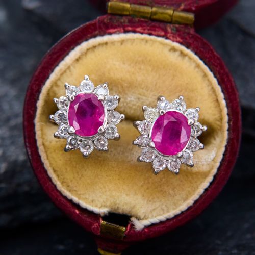 Diamond Halo Oval Ruby Earrings Platinum