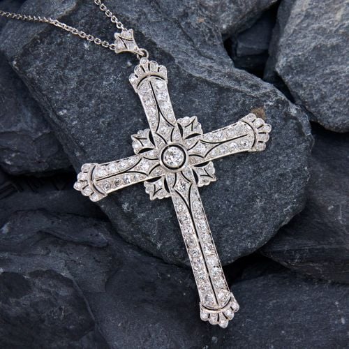 Diamond Mixed Cuts Cross Pendant Necklace Platinum/14K White Gold