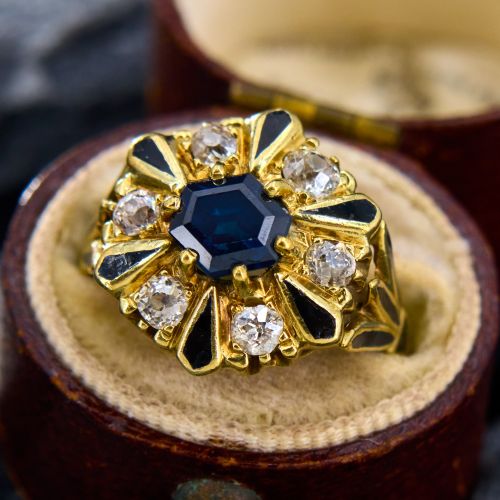 Victorian Revival Enamel Diamond & Sapphire Ring 14K Yellow Gold