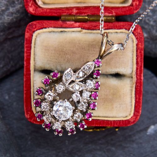 Vintage Ruby And Diamond Drop Pendant 14K White Gold