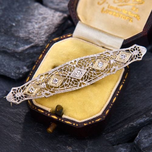 1930s Filigree Diamond Brooch Pin 14K White Gold