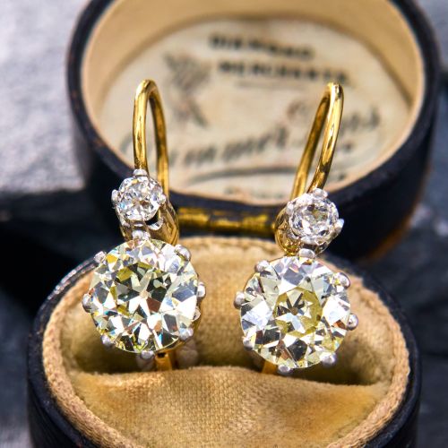 Old European Diamond Drop Earrings 18K Gold & Platinum 4.78CTW