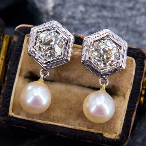 Old Euro Diamond & Pearl Dangle Earrings 14K White Gold