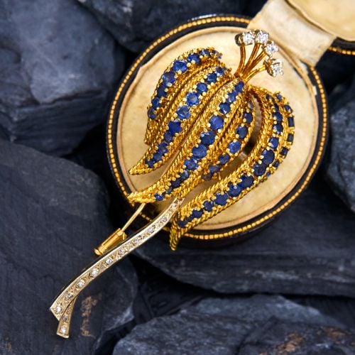 Fantastic Vintage Sapphire & Diamond Flower Brooch Pin 18K Gold