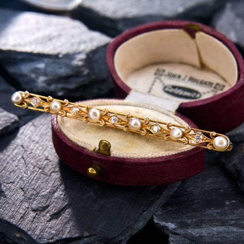 Antique Diamond & Pearl Bar Pin Gold Plated Platinum