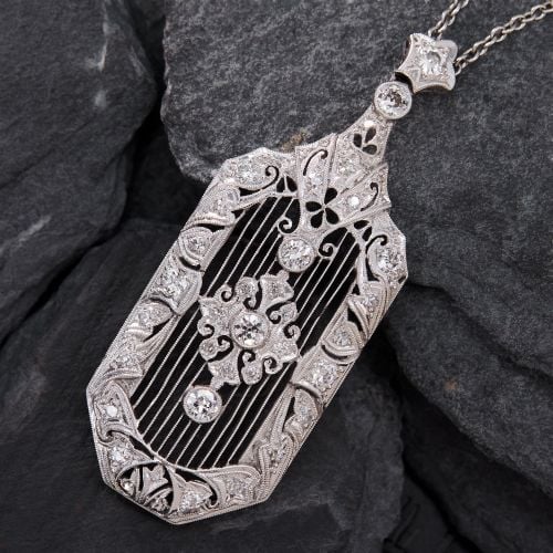 Art Deco Filigree Diamond Pendant Necklace Platinum