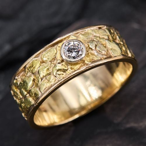 Bezel Set Diamond Gold Nugget Mens Ring 14K Yellow Gold