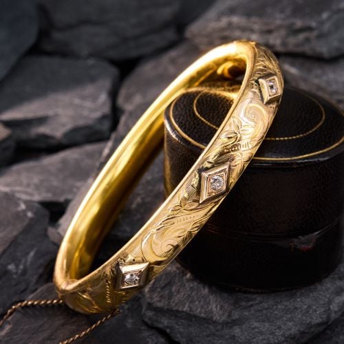 Engraved Victorian Diamond Bangle Bracelet Yellow Gold