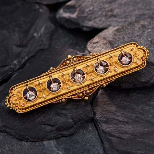 Victorian En Tremblant Old Mine Diamond Bar Brooch 14K Yellow Gold