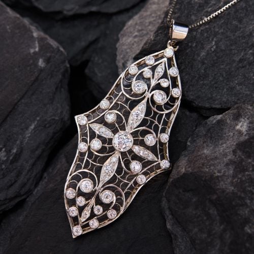 Deco Style Old European Diamond Pendant Necklace Platinum